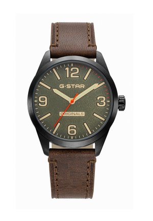 Orologio rotondo in metallo nero con quadrante verde, numeri e lancette beige, lancetta dei secondi rossa, etichettato "G-STAR ORIGINALS," con cinturino in pelle marrone cucito.