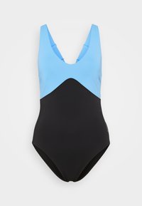 Ολόσωμο μαγιό με λαιμόκοψη V, σε ανοιχτό μπλε χρώμα επάνω μέρος και μαύρο κάτω μέρος. Λείο ύφασμα, κομψός σχεδιασμός, ελάχιστες ραφές.