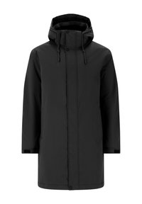 Svart vattentät parka-jacka med huva, framknäppning med knappar, två sidofickor och justerbara dragskor i huvan och ärmsluten.