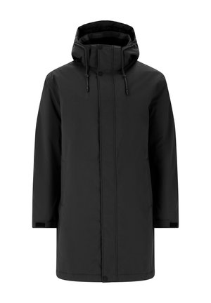Sort vandtæt parka-jakke med hætte, frontknaplukning, to sidelommer og justerbare snore i hætten og ved manchetterne.
