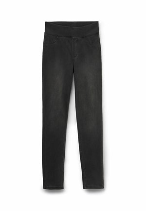 Leggings de mezclilla negros ajustados con cinturilla elástica y bolsillos frontales, diseñados para un ajuste cómodo y ceñido.