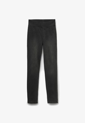 Zwarte slim-fit denim leggings met een elastische tailleband en voorzakken, ontworpen voor een comfortabele en nauwsluitende pasvorm.