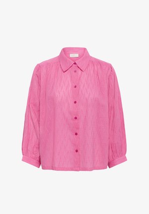 Bluza roz cu nasturi pe partea din față, guler și mâneci lungi. Prezintă un model zigzag texturat și nasturi asortați.