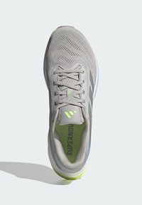 Szare buty sportowe z siateczkową cholewką, zdobione jasnoniebieskimi i neonowozielonymi detalami. Posiadają sznurowanie oraz wyściełany kołnierz.