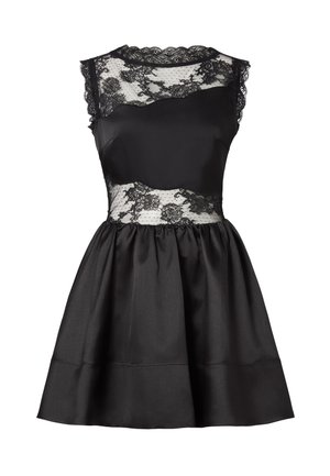 Sort kjole med en tætsiddende korset i satin, der har en blonderoverlay og bølgede kanter. Den udvidede nederdel har en glat tekstur og folder.