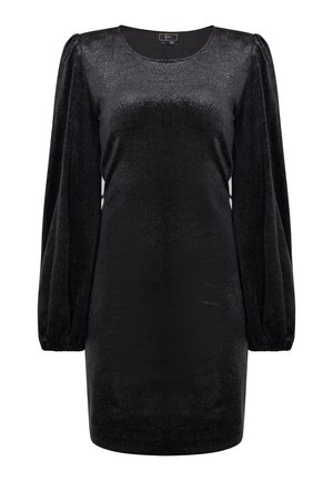 Zwarte jurk van glanzende stof, met een ronde halslijn, lange pofmouwen en een losse pasvorm, die boven de knie eindigt met een gladde textuur.