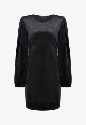 Zwarte jurk van glanzende stof, met een ronde halslijn, lange pofmouwen en een losse pasvorm, die boven de knie eindigt met een gladde textuur.