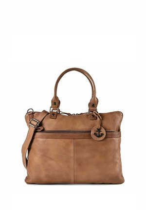 Borsa a mano in pelle marrone con doppi manici, tracolla regolabile, tasca frontale con zip e emblema rotondo con ancora applicata.