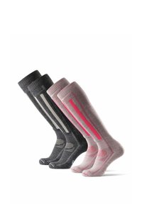 Tre paia di calze fino al ginocchio: grigio scuro con strisce grigio chiaro, grigio medio con dettagli grigio scuro e rosa chiaro con strisce rosa.