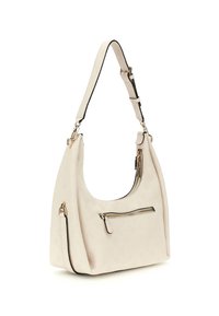 Beige handtas met een slouchy hobo-ontwerp. Heeft een gestructureerd oppervlak, een verstelbare schouderband en een voospocket met rits en gouden hardwareaccenten.