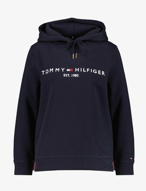 Sweat à capuche bleu marine avec cordons, logo avant "TOMMY HILFIGER EST. 1985," poignets et ourlet côtelés, fabriqué en tissu doux en mélange de coton.