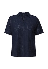 Marineblauw blouse met korte mouwen en een gestructureerd bladdessin, V-halslijn en kraag, gemaakt van een lichtgewicht, ademend materiaal.