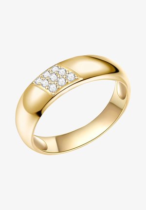 Złota obrączka o gładkim wykończeniu, z ukośnym rzędem sześciu okrągłych, przezroczystych kamieni osadzonych w wypolerowanej formie.