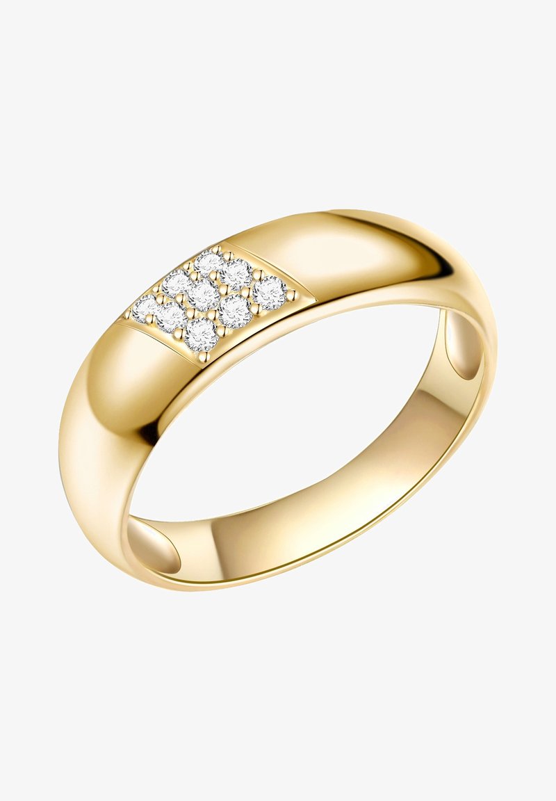 Arany gyűrű sima felülettel, melyen hat darab, kerek, tiszta kő található egy átlós sorban, fényes kivitelezésben.