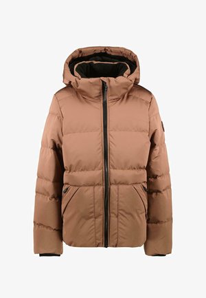 Brown puffy jacket with a zip front, adjustable hood, elastic cuffs, and two side pockets. The material has a smooth texture.