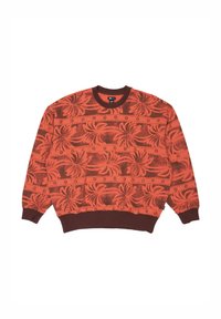 Czerwona bluza z odważnym kwiatowym wzorem w ciemniejszych odcieniach, prążkowany dekolt i mankiety oraz miękka tekstura.