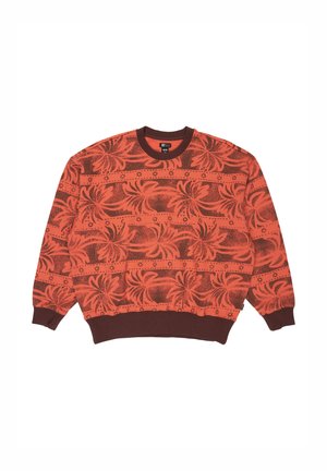 Rode sweatshirt met een gedurfde bloemenpatroon in donkere tinten, geribbelde halslijn en mouwen, en een zachte textuur.