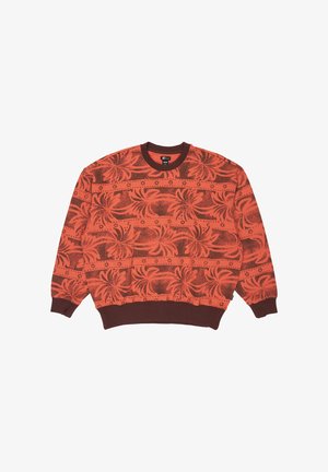 Roter Sweatshirt mit einem auffälligen Blumenmuster in dunkleren Farbtönen, geripptem Ausschnitt und Bündchen sowie einer weichen Textur.