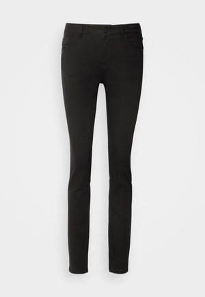 Black skinny jeans made of stretch cotton. Features a button closure and five pockets with a smooth texture and slim fit design.