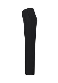 Black tailored trousers with a straight fit, made from lightweight fabric, featuring a flat front, side pockets, and a smooth texture.