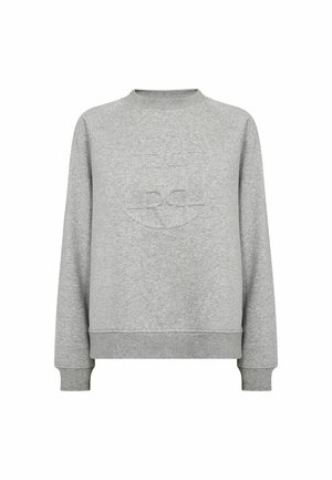 Light grey long-sleeve crewneck sweatshirt with ribbed cuffs and hem, featuring embossed circular logo on the chest.