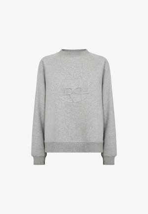 Jasnoszara bluza z długim rękawem i okrągłym dekoltem, z prążkowanymi mankietami i dołem, z wytłoczonym okrągłym logo na piersi.