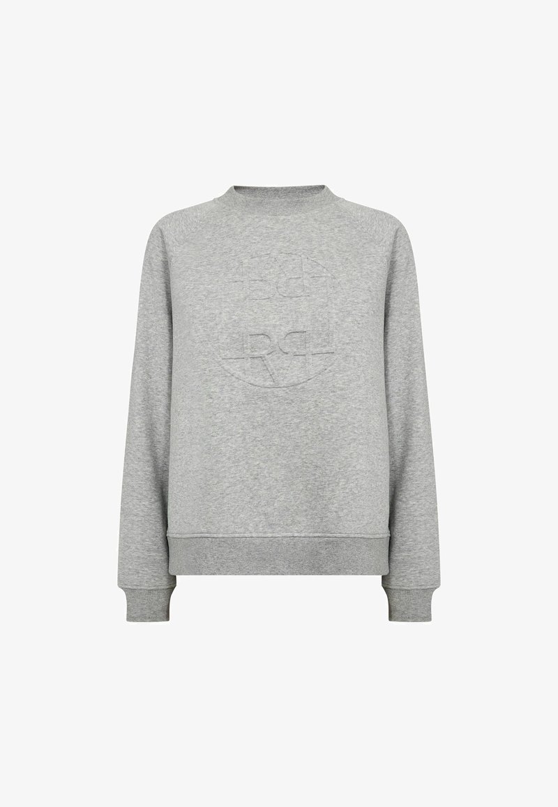Sweat-shirt gris clair à manches longues avec col rond, poignets et ourlet côtelés, avec logo circulaire embossé sur la poitrine.