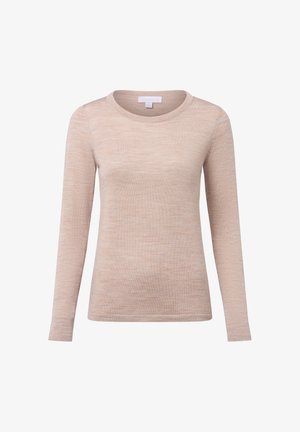 Long-sleeve beige top made of soft fabric, featuring a round neckline and a smooth texture with a subtle heather pattern.
