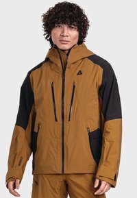 Wasserabweisende braune und schwarze Snowboardjacke mit Reißverschluss, mehreren Taschen und verstellbaren Bündchen. Mit Kapuze und Logodetail.