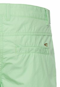 Lichtgroene shorts van lichtgewicht stof. Kenmerken zijn een achterzak en contrasterende stiksels, met een klein logo nabij de zak.