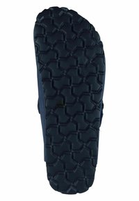 Navy rubber shoe sole featuring a hexagonal textured pattern for grip and stability, with a rounded toe and reinforced edges.