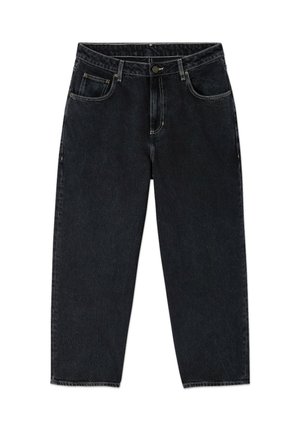 Black denim jeans with a relaxed fit, featuring five pockets, a button closure, and contrasting stitching along the seams.