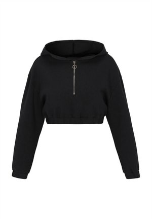 Sort cropped hoodie lavet af blødt stof. Har en frontlynlås med metalhardware, lange ærmer og en hætte med snoretræk, der kan justeres.