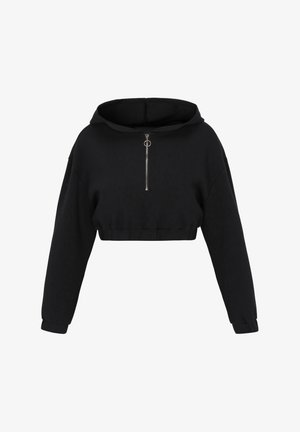 Crna skraćena dukserica od mekog materijala. Sadrži prednji zip sa metalnim detaljima, duge rukave i kapuljaču s vezicom za podešavanje.