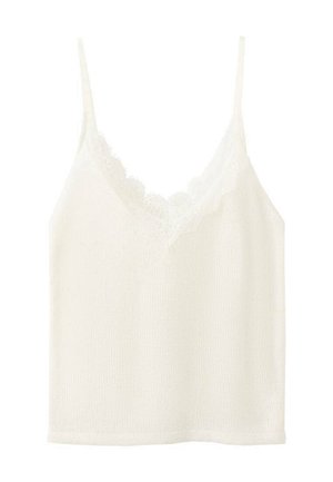 Camisole blanche en tricot avec fines bretelles et bordure en dentelle le long du décolleté en V, sans manches et légère.