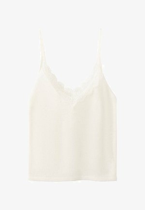 Camisole blanche en tricot avec fines bretelles et bordure en dentelle le long du décolleté en V, sans manches et légère.