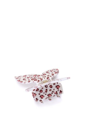 Løveprint hårklips i hvid og burgunder, der ligner en sommerfugl. Designet har blank plastik og et guldfarvet hængsel.
