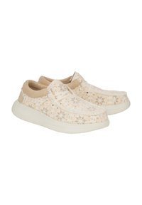 Veterschoenen met een geweven crèmekleurige bovenkant met bloemmotieven, beige suède accenten en een dikke witte rubberen zool.