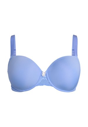 Lyseblå polstret bh med justerbare stropper og en lille hvid sløjfedetalje foran i midten, isoleret på hvid baggrund.