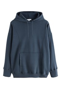 Dunkelblauer Kapuzenpullover aus weichem Stoff. Verfügt über eine Kängurutasche, gerippte Bündchen und eine lockere Passform mit sichtbaren Nahtdetails.