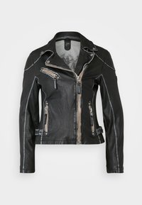 Black leather motorcycle jacket featuring multiple zippered pockets, silver hardware, and contrasting stitching details. Short cut design.