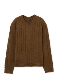 Brauner gestrickter Pullover mit einem Zopfstrickmuster, Rundhalskragen und gerippten Bündchen und Saum. Hergestellt aus einem dicken, strukturierten Material.