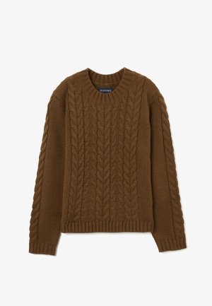 Bruin gebreid sweater met een kabelbreipatroon, ronde hals en ribgebreide manchetten en zoom. Gemaakt van een dikke, gestructureerde stof.