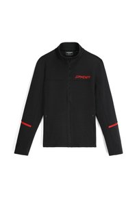 Giacca nera con zip a tutta lunghezza e colletto alto, logo "Spyder" rosso sul petto, strisce rosse sulle maniche e tasche laterali con zip.