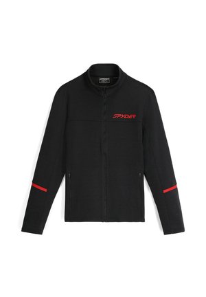 Zwarte volledig ritsjack met staande kraag, rood "Spyder" logo op de borst, rode strepen op de mouwen en ritszakken aan de zijkant.