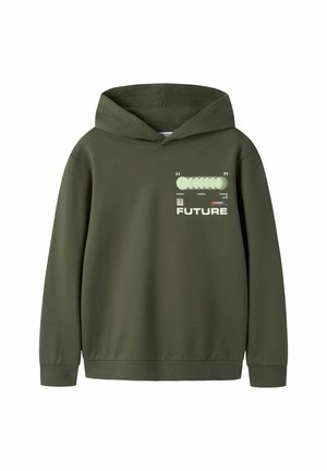 Sweat à capuche vert olive avec des cercles graphiques vert clair et le mot "FUTURE" imprimé sur la poitrine.