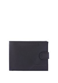 Portefeuille en cuir noir au design épuré, avec un rabat avant et des coutures raffinées, logo en relief et texture lisse.