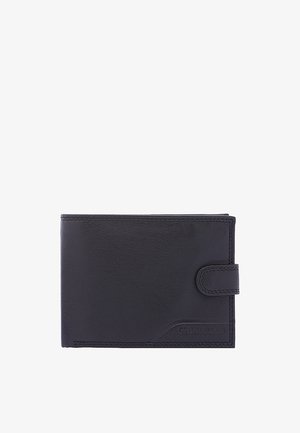 Zwarte leren portemonnee met een slank ontwerp, voorzien van een voorflap en gestikte details, gegraveerd logo en een gladde textuur.