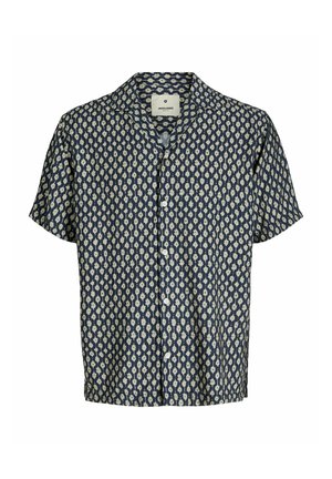 Īsām piedurknēm, pogājama krekla tumši zila krāsa ar krēmīgu paisley rakstu; iekļauj nometinātu apkakli un mīkstu, teksturētu audumu.