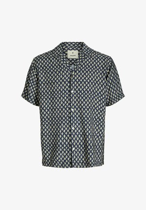 Korte mouwen, knoopshirt in marineblauw met een crèmekleurig paisleypatroon; voorzien van een camp collar en zachte, gestructureerde stof.